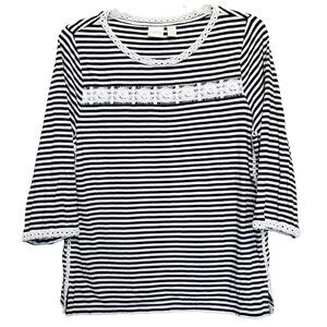 Chico's Striped Crochet-Trim Cotton/Modal 3/4 Sleeve Knit T-Shirt Size 3 (XL)
